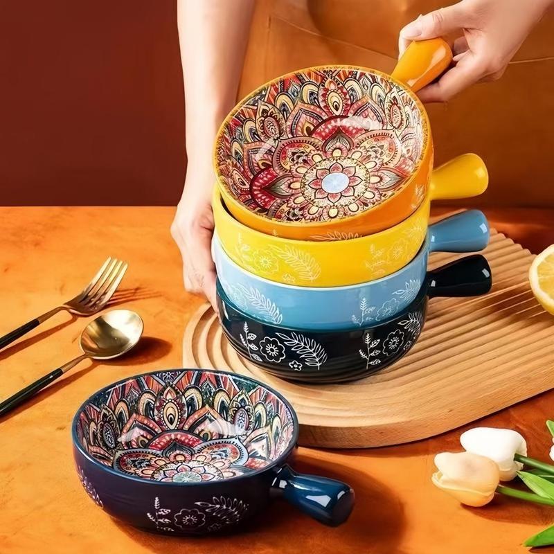 Boho Style Ceramic Bowl Set, 2 Counts Colorful Floral Pattern Salad ...