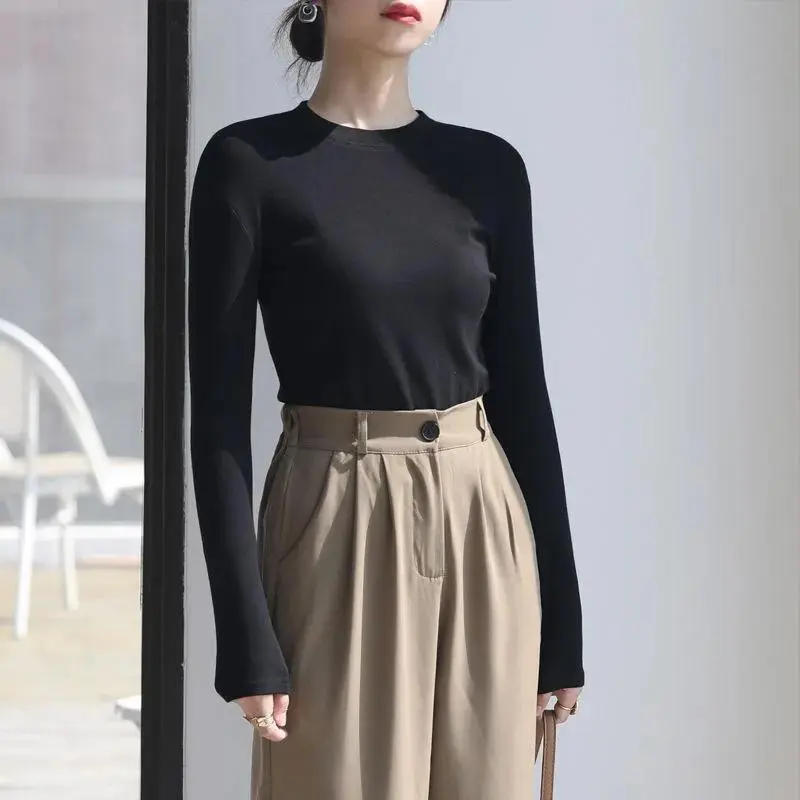 Thickened Fleece-Lined Women's Round Neck Autumn/Winter T-Shirt Base Layer Top Solid Color Inner Tightening Warm Top Polyester F