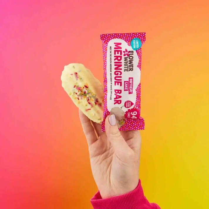 Flower & White Low Calorie-Birthday Cake Meringue Bar -10/15 Bars  -94 Calories Per Bar, Vegetarian, Gluten-Free