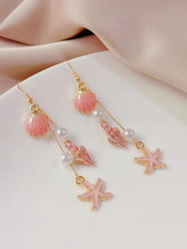 1 Pair Pink Shell & Conch Dangle Earrings for Teenage Girls – Beach Vacation Style with Faux Pearls, Cute Summer Jewellery for Holidays & Daily Wear 2
