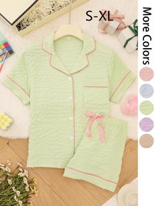 Women's Solid Color Short Sleeve Top & Shorts Pajama Two-piece Set, Casual Comfy Shirt & Shorts PJ Set, Ladies Summer Sleepwear, Loungewear