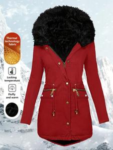 Women's Contrast Faux Fur Trim Button Front Hooded Winter Coat, Casual Long Sleeve Drawstring Pocket Zipper Outerwear for Fall & Winter, Women's Clothing for Daily Wear