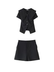 Black Lazy Day Outfit! Asymmetric Collar Button-Up Shirt + Solid High-Waist Mini Skirt – Summer Casual-Chic Two-Piece Set for Women Over 60kg | Effortless Styling & Confidence Boost!