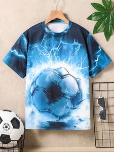 Boy's Lightning & Soccer Print Round Neck Tee, Casual Regular Fit Short Sleeve Crew Neck T-shirt for Summer, Fashion Casual Kids Athletic Clothes for Daily Wear