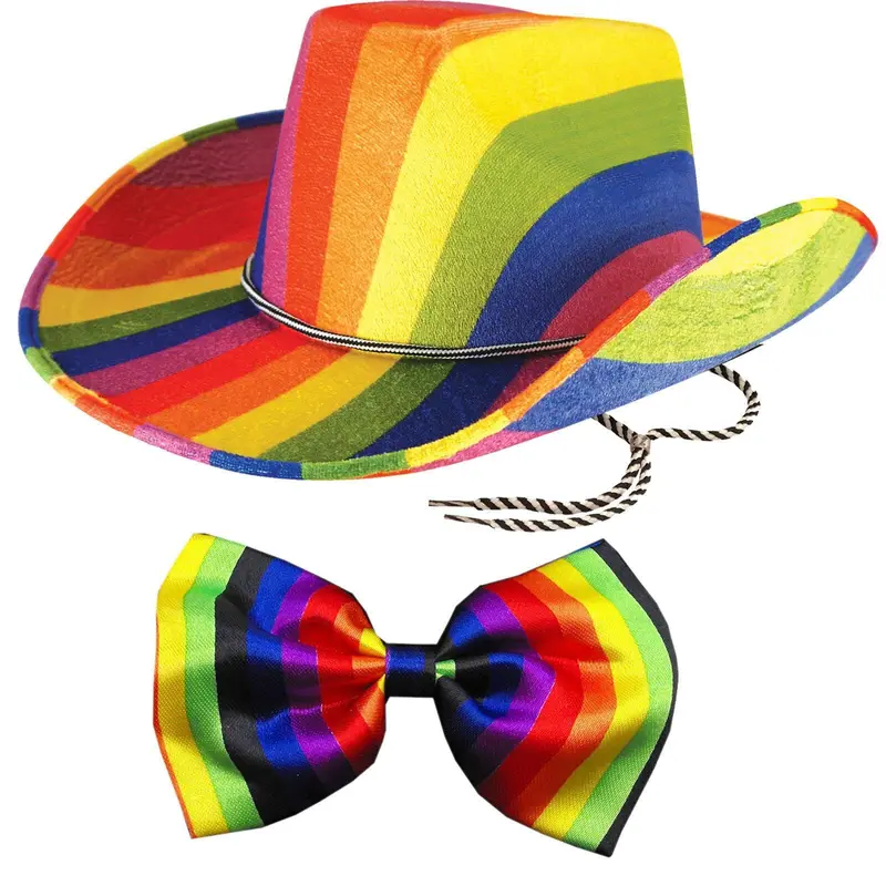 Adults Rainbow Cowboy Felt Hat with Bow Tie Gay Pride Fancy Dress Party Set 1