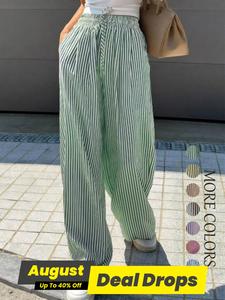 Women's Striped Print Drawstring Waist Wide Leg Pants, Loose Casual Pocket Trousers for Lady Summer, Fashion Women's Baggy Bottoms for Daily Wear