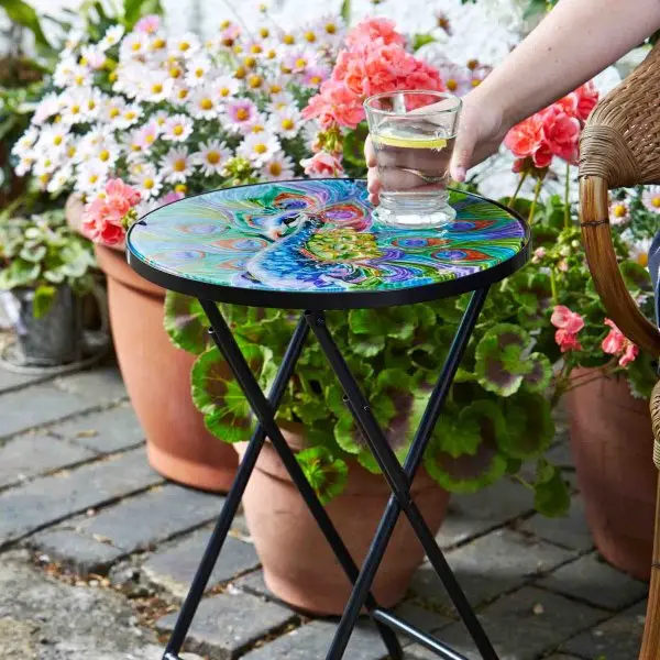 Peacock, Bee or Rainbow Table Outdoor Garden Ornament with Folding Metal Frame and Stained Glass