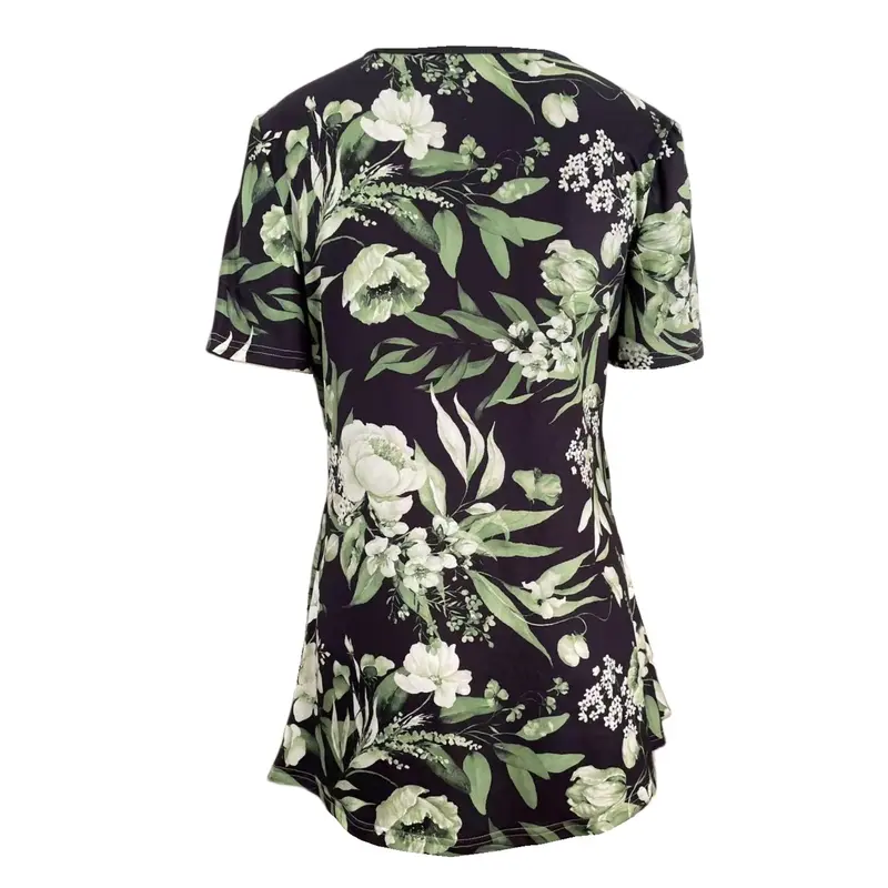 Floral Print Faux Peal Decor T-Shirt, Casual V Neck Short Sleeve Top For Spring & Summer, Women's Clothing 6