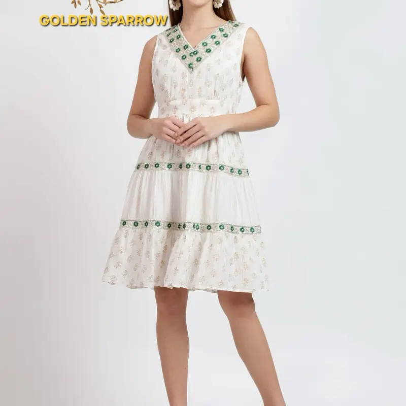 Boho Knee Length Embroidered Midi Dress for Women - Casual Style - Womenswear Summer Comfort Sleeveless Vneck Gorgeous Embroidery Green Off White 0