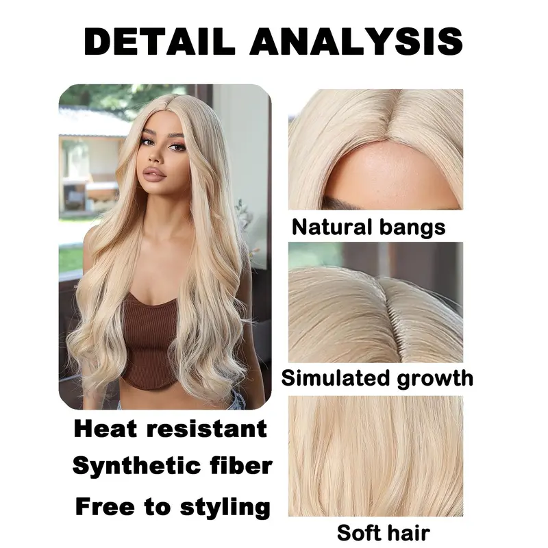 Elegant 26-inch Long Wavy Blonde Synthetic Wig with Bangs for Women, Heat-Resistant High Temperature Fiber, Rose Net Cap, Natural Look Cosplay Hair 4