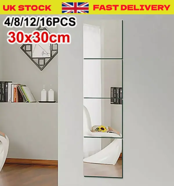 4/8x 30X30cm Mirror Tiles Wall Sticker Square Self Adhesive Stick On Home Decor