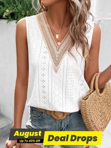 Women's Hollow Out V Neck Tank Top, Basic Casual Fitted Sleeveless Vneck Top for Summer, Ladies Clothes for Daily Wear, Everyday Womenswear, Casual Fashion Sleeveless Top