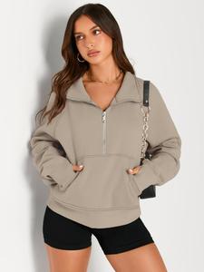 Women's Solid Zip Up Thermal Lined Sporty Sweatshirt, Sporty Long Sleeve Kangaroo Pocket Pullover for Fall & Winter, Women's Sportswear for Indoor Outdoor Wear