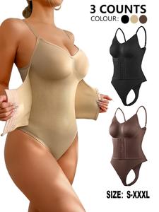 Women's Solid Color V Neck Shapewear Bodysuit, High Stretch Hook & Eye Closure Crotch Tummy Control Shaper, Ladies Shapewear for Daily Wear