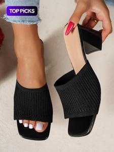 Korean Summer Knit Mules, Chunky Heel High Heels, Commuter & Date Wear, Versatile Fashion Sandals, Textile Material, Rubber Sole