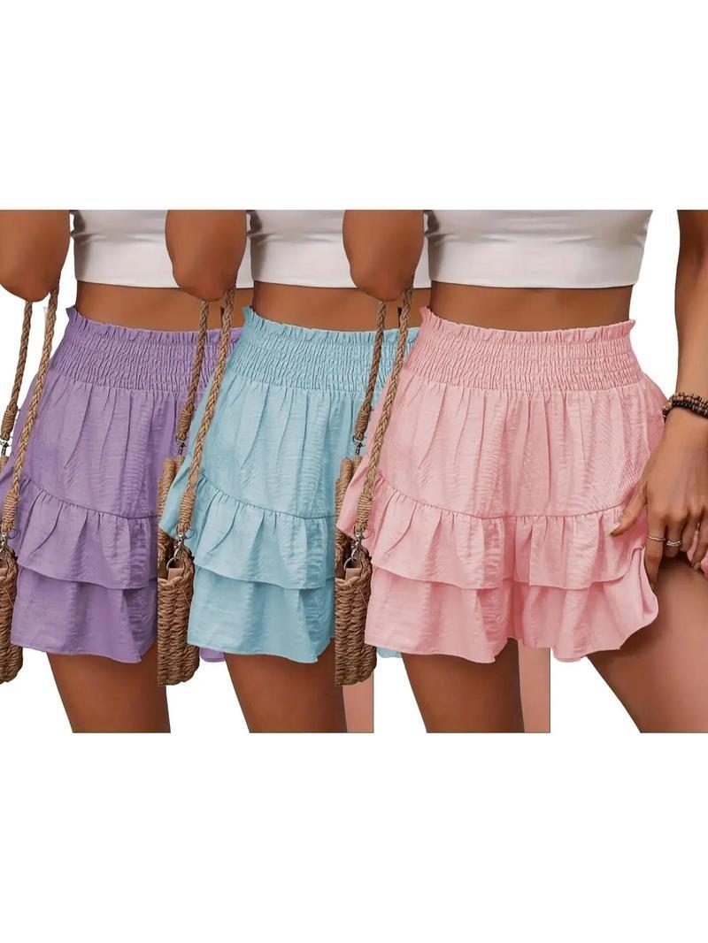 Product Introduction of Women's Frill Trim Ruffle Hem Shirred Shorts, Boho Casual Shorts for Spring & Summer, Summer Shorts for Women, Back To School, Ladies Elegance Minimalist Shorts, Wide Leg Shorts for Women, Ruffle Shorts, Going Out Bottoms 16