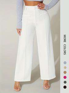Women's Plain High Waist Wide Leg Pants, Minimalist Elegant Chic Style Button Decor Straight Leg Trousers for Work Office Business, Ladies Spring & Fall Clothes, Womenswear, Fabric Casual Chic Bottoms