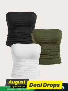 【plus Size】 Solid Ruched Tube Top, Casual Comfy Breathable Fitted Strapless Knitting Top for Daily Wear, Women's Clothing for All Seasons, Lady Clothes for Women, Womenswear