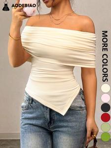 Women's Plain Ruched Tee, Elegant Fashion Casual Asymmetrical Neck Off The Shoulder T-shirt for Daily Outdoor Wear, Ladies Clothes for Summer, Summer Tops