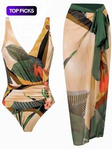 Women's Ruched Backless Tropical Print Wrap Swimsuit & Tie Front Skirt Swimsuit Set for Summer, Boho Sleeveless Swimwear for Beach Vacation, Swimming Costume Women, Tummy Control Swimwear for Women, Swimsuit for Women, Ladies Summer Clothes, Bathing Suits
