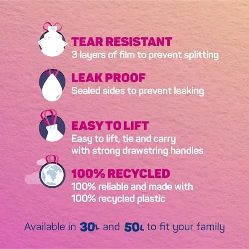 Bacofoil Elasti-Fit Bin Liners - 30L Recycled bin bags, 6 Rolls (72 Bags) - Leak-Proof, Elastic Fastening for Secure Fit - Made from 100% Recycled Plastic - Eco-Friendly Waste Disposal. 7