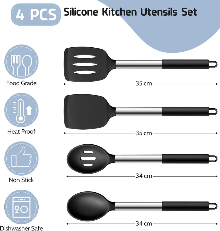 Black Silicone Turners Spoons Kitchen Utensil Set, 4Pcs for Cooking Serving Mixing, Heat Proof & Safe for Non-Stick Cookware, Stainless Steel Handle 6