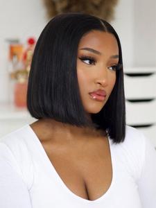Short Bob Wigs, Human Hair Straight Bob Lace Frontal Wigs, Natural Black Wig, Lace Front Wigs Pre Plucked with Baby Hair Design for Women Girls Daily Party