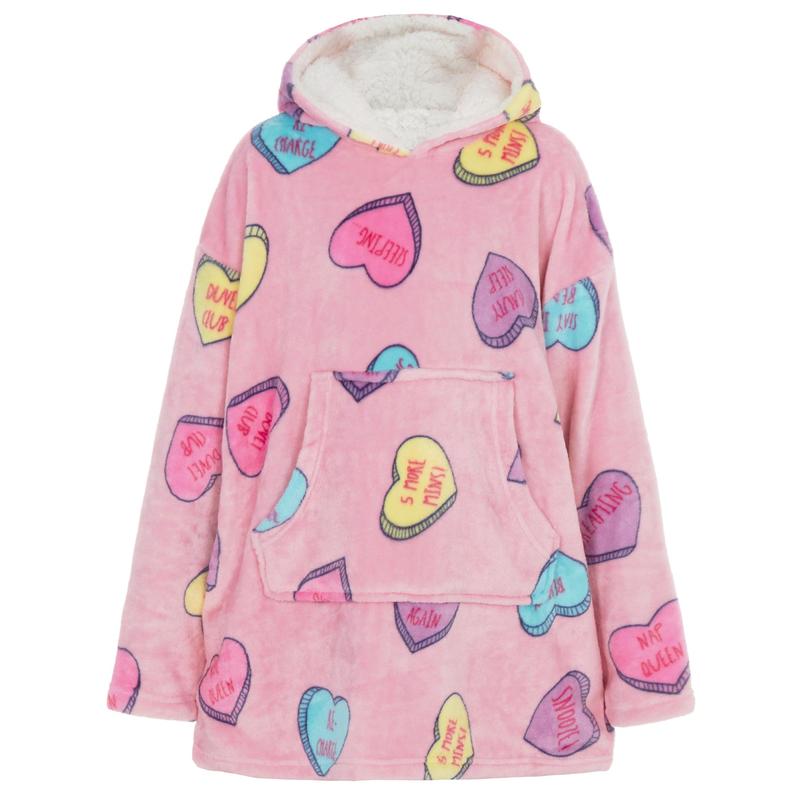 Ladies & Girls Oversized Fleece Hoodie - Heart Pyjamas Loungewear Pajamas 2
