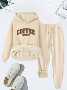 Women's Letter Print Drop Shoulder Thermal Lined Sweatshirt & Drawstring Waist Sweatpants Two-piece Set, Casual Fashion Cozy Breathable Two Piece Outfits for Daily Wear, Ladies Fall & Winter Clothes, Winter Sets
