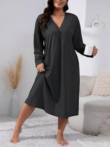 【Plus Size】Solid Button Front Drop Shoulder Nightdress, Casual Long Sleeve V Neck Nightgown for Women, Women's Sleepwear for Spring & Fall, Loungewear