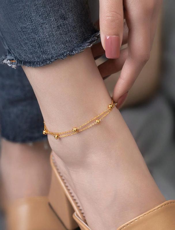 1pc Gold-Color Double-Layered Good Luck Beaded Anklet For Women, Fashionable, Luxurious And Versatile, Suitable For Wearing On The Beach, Daily Life And Other Occasions 1