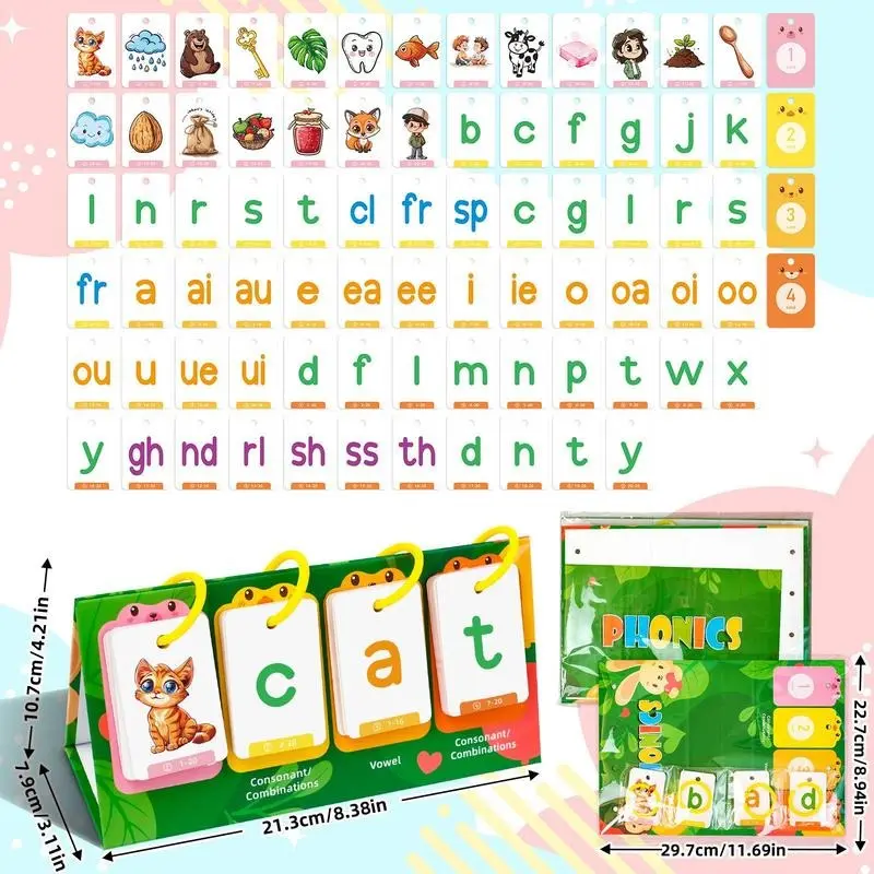 Random Color CVC Word Builder Games Cards, 80 Cards Learn To Read Montessori Word Building Desktop Pocket Chart Flash Cards Kit 1