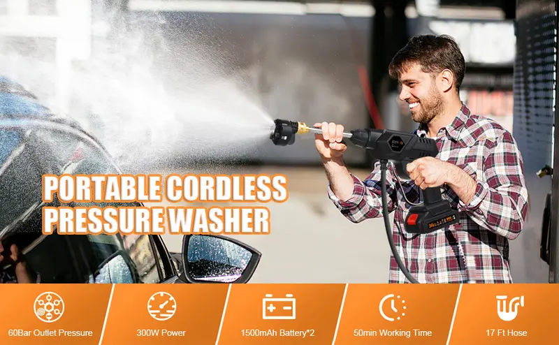 Product Introduction of NEW Pressure Washer, 60 Bar 6 in 1 nozzle Portable Pressure Washer with Battery and Charger 24 Volt Rechargeable Battery Electric Pressure Washer for Car/Fence/Garden Cleaning 0
