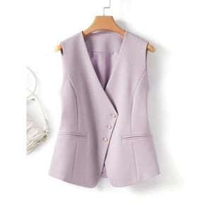 Sleeveless Asymmetric Button Front Vest Blazer Women Solid Color Formal Elegant V-neck Sleeveless Jacket Women Spring Autumn Work Office Business Wear Women's Clothing Womenswear Suits trending Gamis Basic