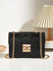 Women's Elegant Retro Crocodile Embossed Design PU Leather Texture Small Square Bag, with Metal Chain Strap, Trendy Versatile Flap Buckle Zipper Shoulder Bag