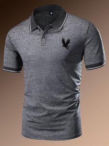 Men's Regular Fit Eagle Print Contrast Binding Polo Shirt Summer Clothes, Casual Short Sleeve Collared Button Front Top for Summer, Men's Clothes for Outdoor Wear Golf Business