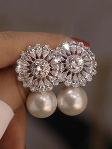 Faux Pearl & Rhinestone Decorated Dangle Earrings, Elegant Flower Design Stud Earrings for Women, Trendy All-match & Exquisite Jewelry for Birthday Gift