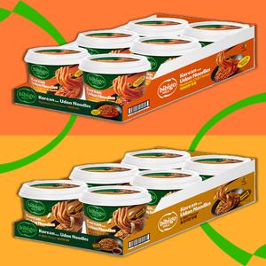 bibigo Udon Noodles Pack of 6 x 187g - Korean BBQ & Tteokbokki Chilli Flavour - Korean-Style Udon Big Bowl, Instant Cup Noodles, Instant Food, Spicy Ramen Noodle Ramyun