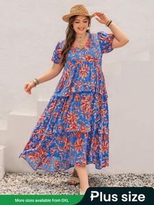 【Plus Size】 Floral Print A Line Dress, Boho Short Sleeve Dress for Beach Holiday Vacation, Women's Clothes for Summer