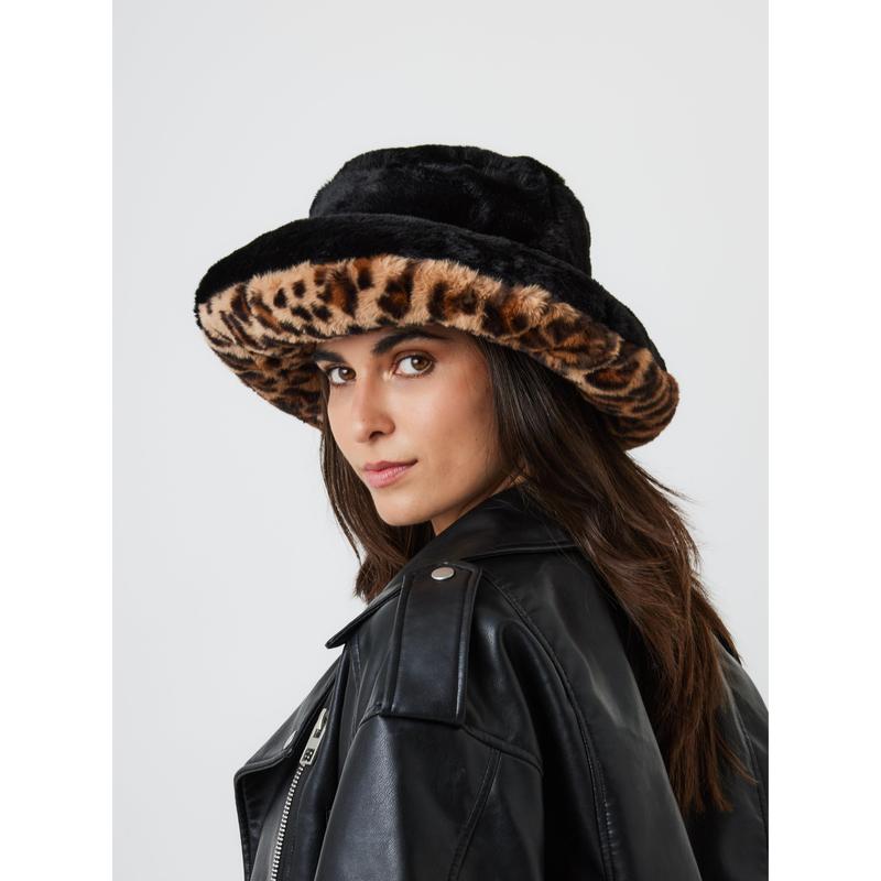 Oversized Fur Plush Bucket Winter Hat in Black and Leopard 2