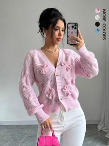 Women's Plain Bow Front Raglan Sleeve Sweater Cardigan, Casual Chic Longsleeves Button Front Knitwear for Fall & Winter, Fashion Women's Knit Clothing for Daily Wear