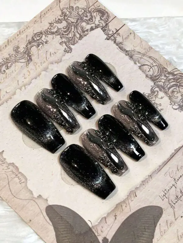 10pcs Gothic Cat Eye Press-On Nails | Coffin Shape with Crystal Tips & Rhinestones | Gel & File Included 1