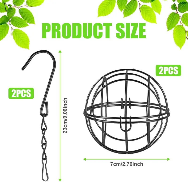 Fat Ball Bird Feeder, 2pcs Metal Fat Ball Bird Holder, Hanging Bird Feeder Holder Spherical with 2 S-shaped hooks for Outdoor Garden Wildlife Birds Finch Sparrow Robin (Black) 1
