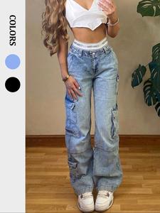 NVFelix Cargo Jeans Women Straight Leg Side Zipper Pockets Y2K Denim Pants, Chic Bottoms