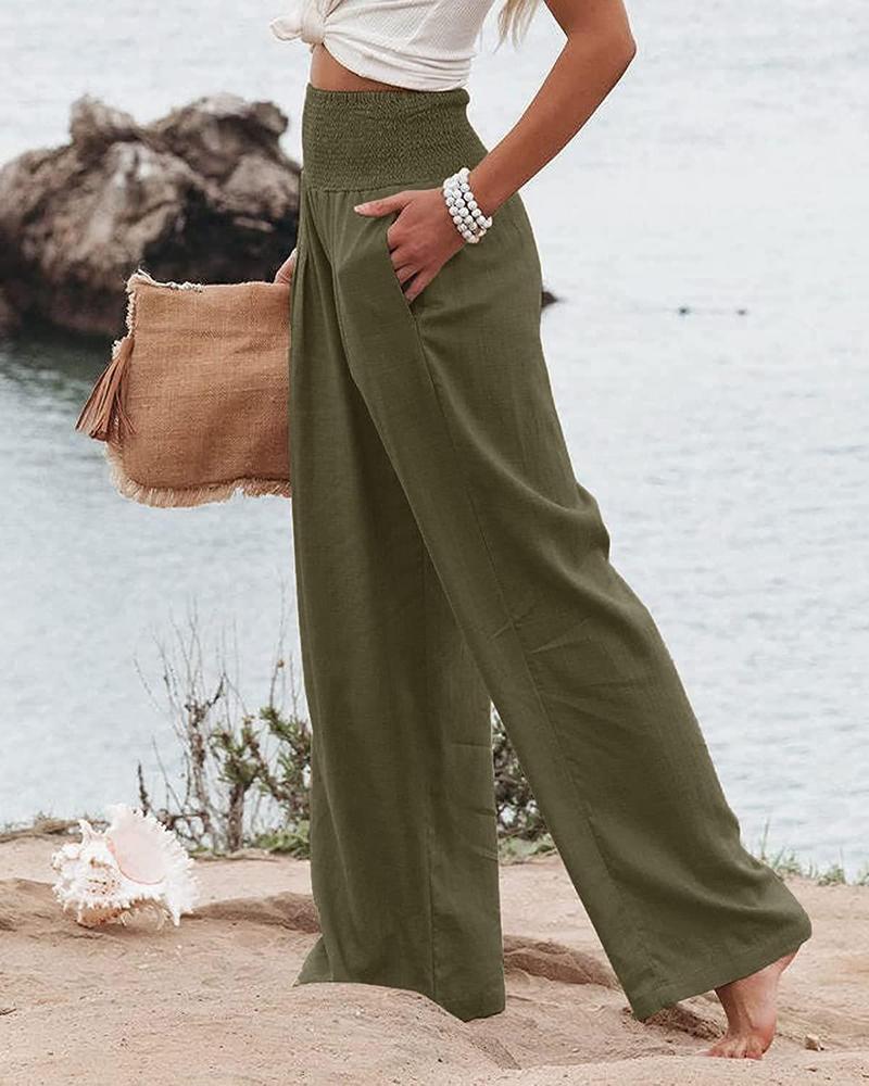 Product Introduction of Women's Plain Pocket Shirred Wide Leg Pants, Casual Elastic Waist Trousers for Beach Vacation Holiday, Ladies Bottoms for All Seasons 2