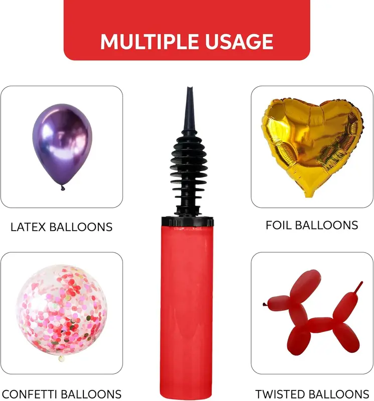 Balloon Pump, Manual Hand Pump, Inflator for Balloons Arch Kit, Baby Showers, Party Balloons, Toy Blower, Helium Pump, Foil and Confetti Professional Pumper, Yoga Balls.(Red) 5