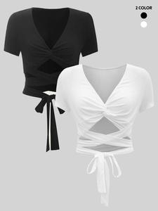 Women's Criss Cross Tie Front Twist V Neck Crop Tee, Soft Summer Clothes Women, Going Out Top, Basic Drop Shoulder T-shirt for Summer, Women's Shortsleeve Clothes, Going Out Tops, Casual Elegant Streetwear Top, Lady Tshirt