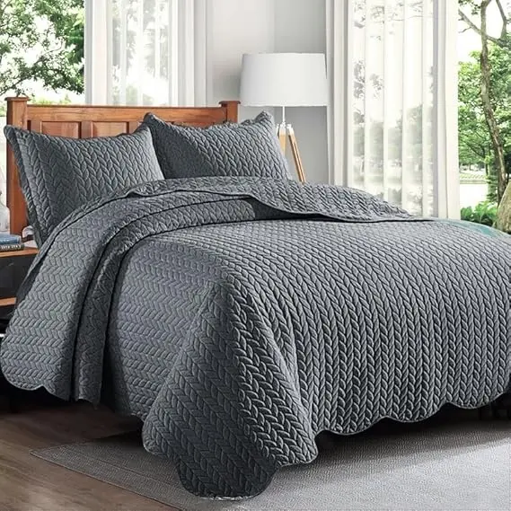 Quilt Mono Bedspread 3 Pieces Set – Coverless Quilted Leaf Motif Bedspread, Comforter Throw, Summer and All-Season Lightweight Bedding Sets, with 2 Pillow Shams 4
