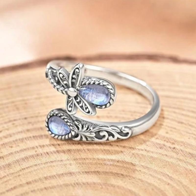 1pc Bohemian style moonstone dragonfly adjustable open ring, suitable for women daily wear, birthday gift 4