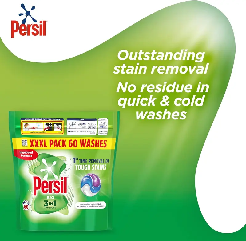 Persil Bio 3 in 1 Washing Capsules 1st time removal of tough stains outstanding stain removal in quick & cold washes 60 washes 4